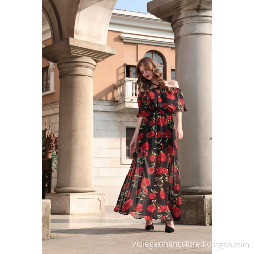 Red Floral Off Shoulder Maxi Dress